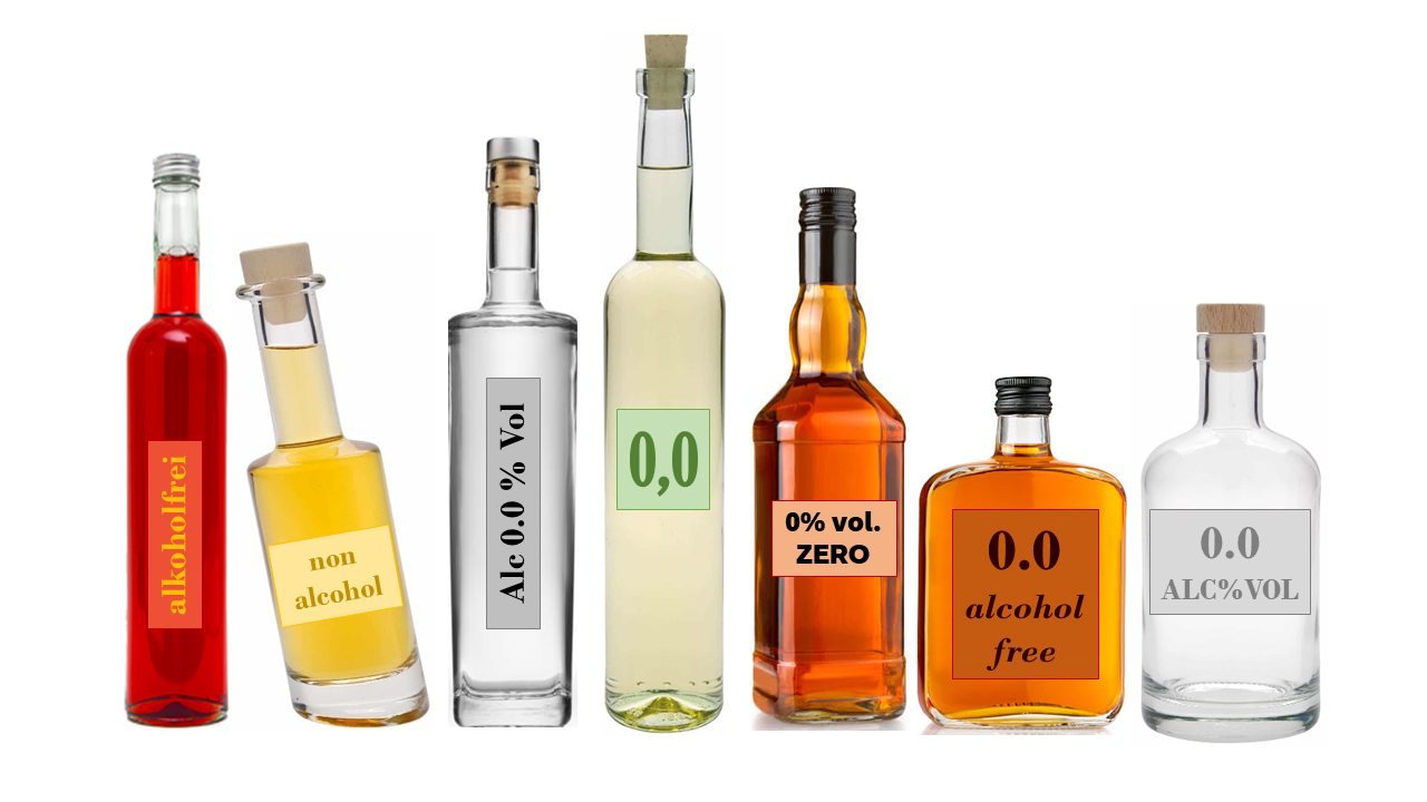Das Bild zeigt verschiedene Glasflaschen mit unterschiedlichen Angaben zur Auslobung alkoholfrei.